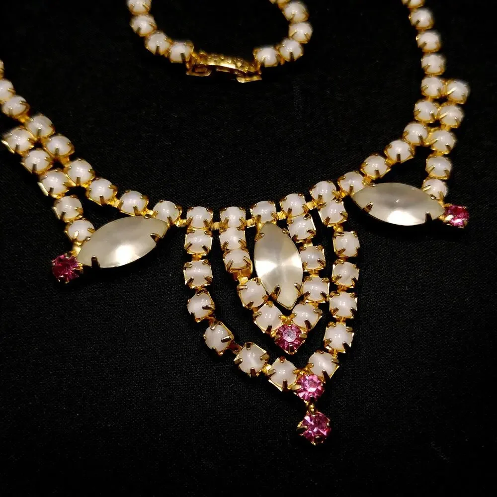 Frosty White Pink Rhinestone Necklace, Gold Plated, 1960s Vintage Jewelry